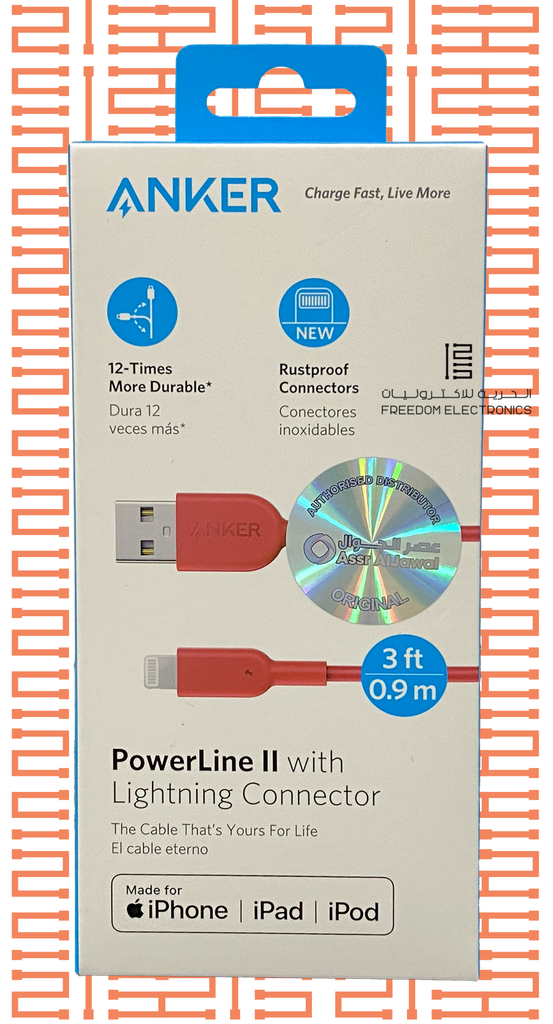 ANKER POWER LINE II WITH LIGHTNING CONNECTOR 3FT [RED]