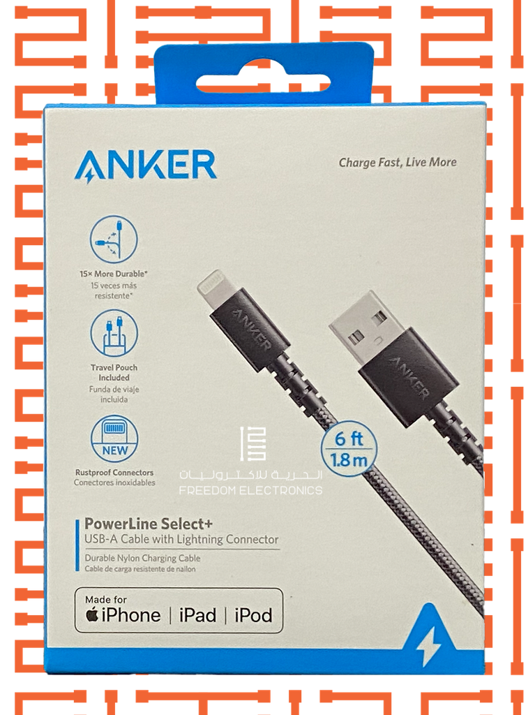 ANKER POWER LINE SELECT 6FT BLACK USB-A CABLE WITH LIGHTNING CONNECTOR