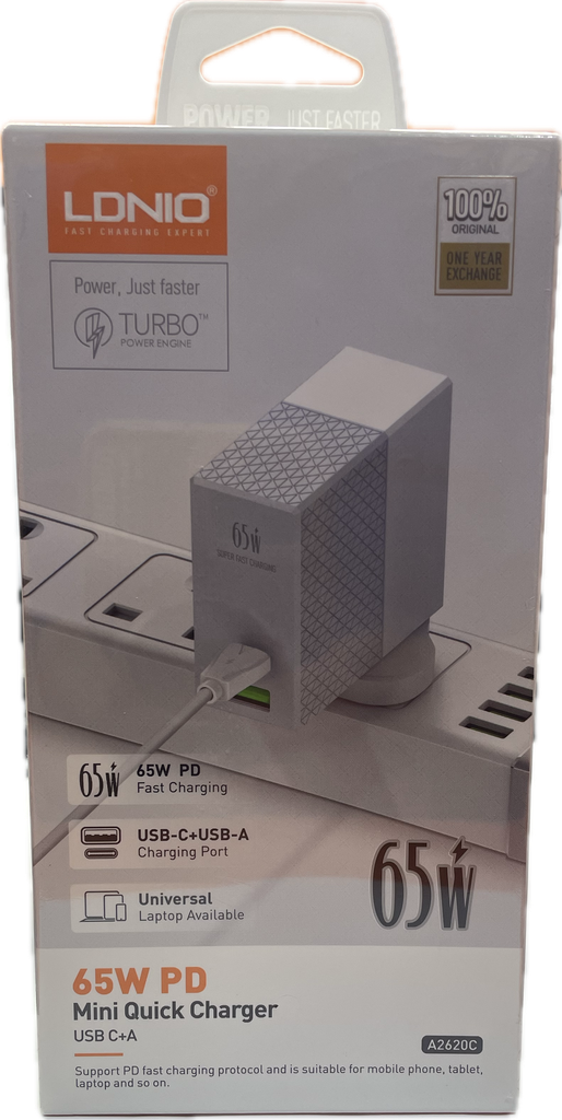 LDNIO A2620 65W PD DOUAL PORT CHARGER