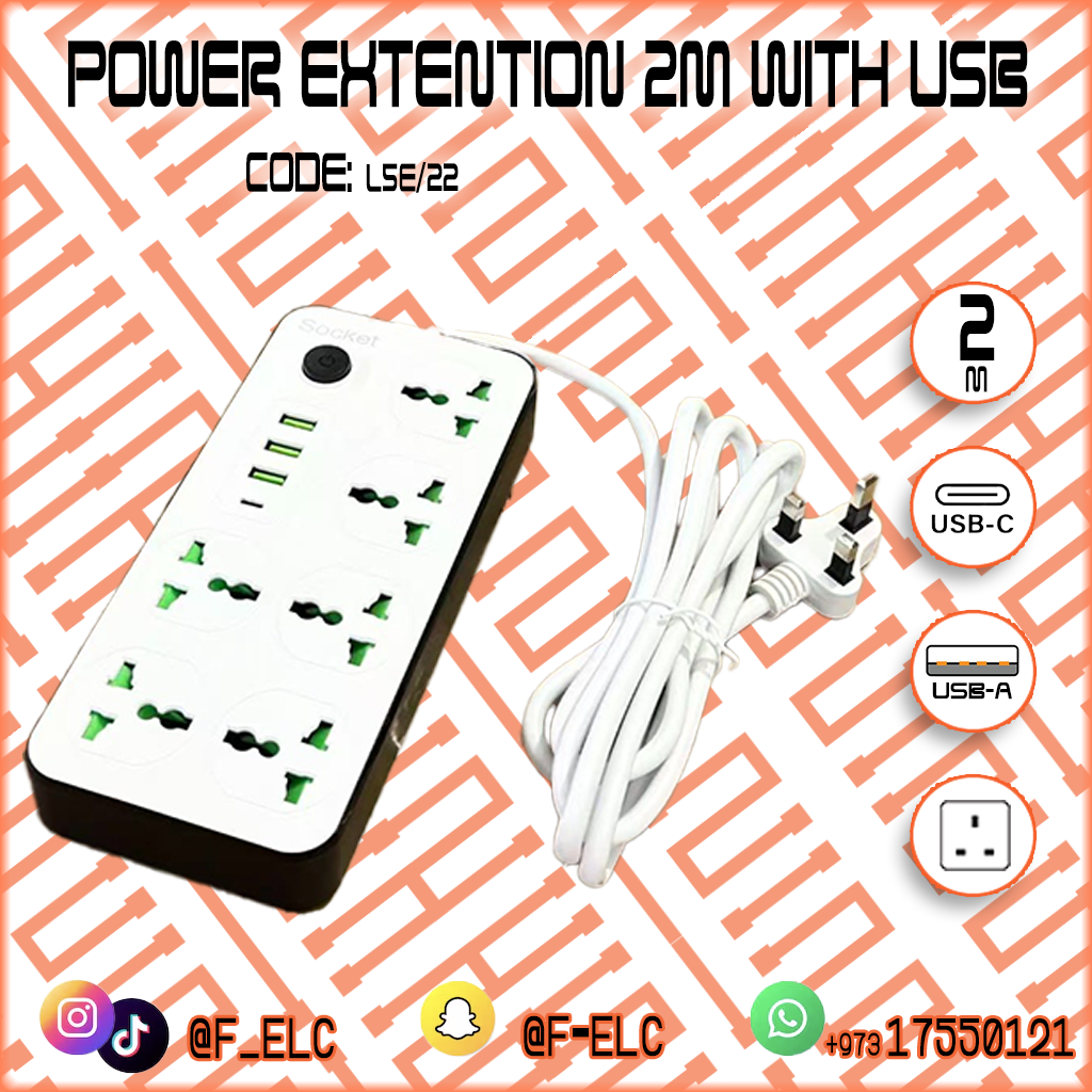 2000W POWER SOCKET WITH USB 2M 6 SOCKETS 3 USB-A 1 USB-C