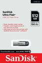 SANDISK ULTRA FLAIR 512 USB 3.0 FLASH DRIVE